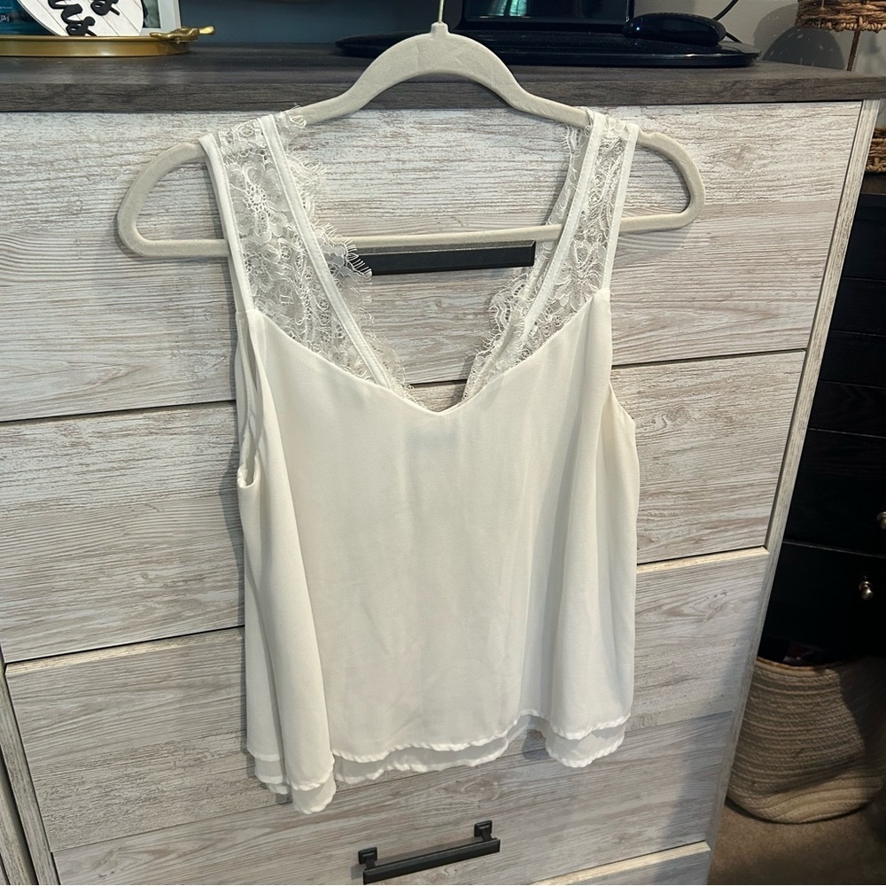 She and Sky V Neck Tank Top Blouse Size Large White Lace Trim